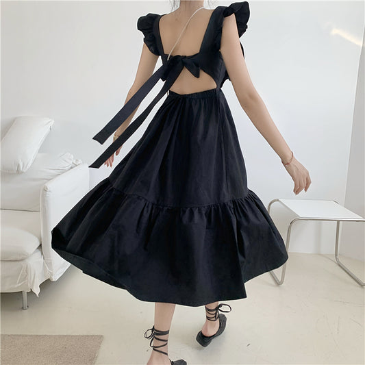 retro square collar ruffled with open back long dress