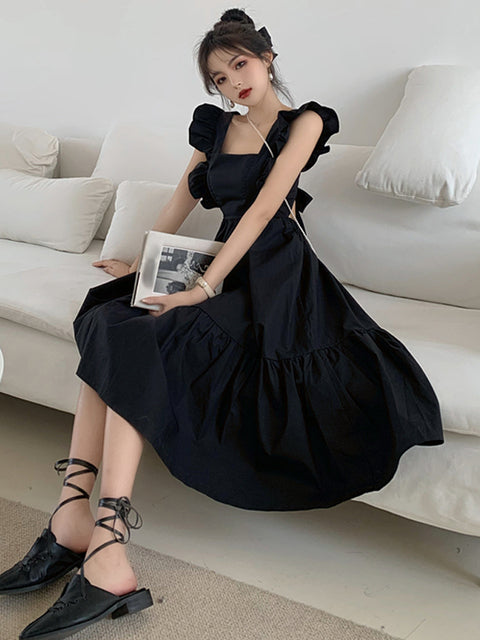 retro square collar ruffled with open back long dress