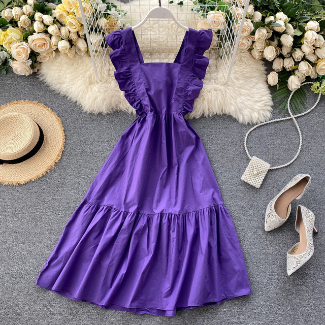 retro square collar ruffled with open back long dress